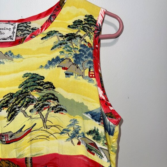 Vintage Clio Dressing Sleeveless Rayon Maxi Dress With Scenic Print Yellow/Blue/ - Picture 6 of 6